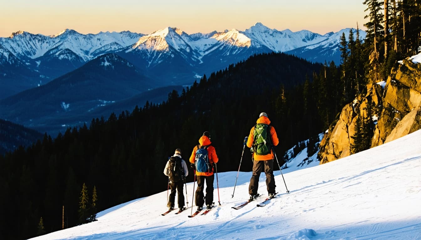 Three backcountry skiers climbing a ridgeline at sunrise